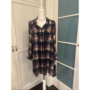Lulus Womens Fireside by Side Red & Navy Blue Plaid Button-up Shirt Dress Medium